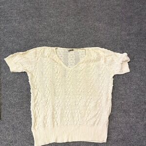 Keneth Too! Sweater Womens Size L Cream Pointelle Knit V-Neck Short Sleeve Stain